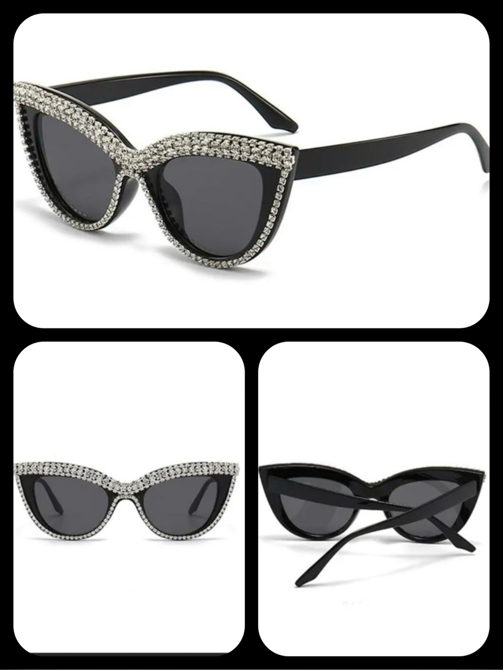 🕶️CATEYE CRYSTAL RHINESTONES EMBELLISHED RETRO BLACK SUNNIES-NEW‎